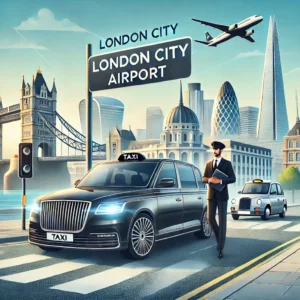 A modern, stylish black taxi driving through the streets of London towards London City Airport, with iconic landmarks like the Shard and Tower Bridge in the background, representing a premium yet affordable taxi service."