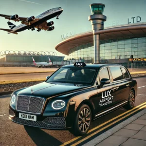 **"Luxurious black executive taxi with tinted windows parked outside Heathrow Airport, London, featuring the Lux Airport Transfers Ltd logo, with airplanes taking off in the background."**