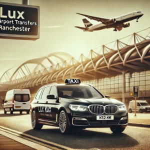 "Luxury black executive taxi from Lux Airport Transfers Ltd picking up passengers at Heathrow Airport in London, with the airport terminal in the background, representing a premium and professional long-distance travel service to Manchester."